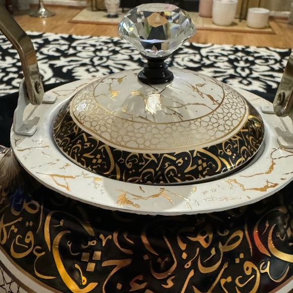 Ornate Unique Arabic Style Tea Kettle Black Cream Gold Patterned Vintage Look - Picture 12 of 16